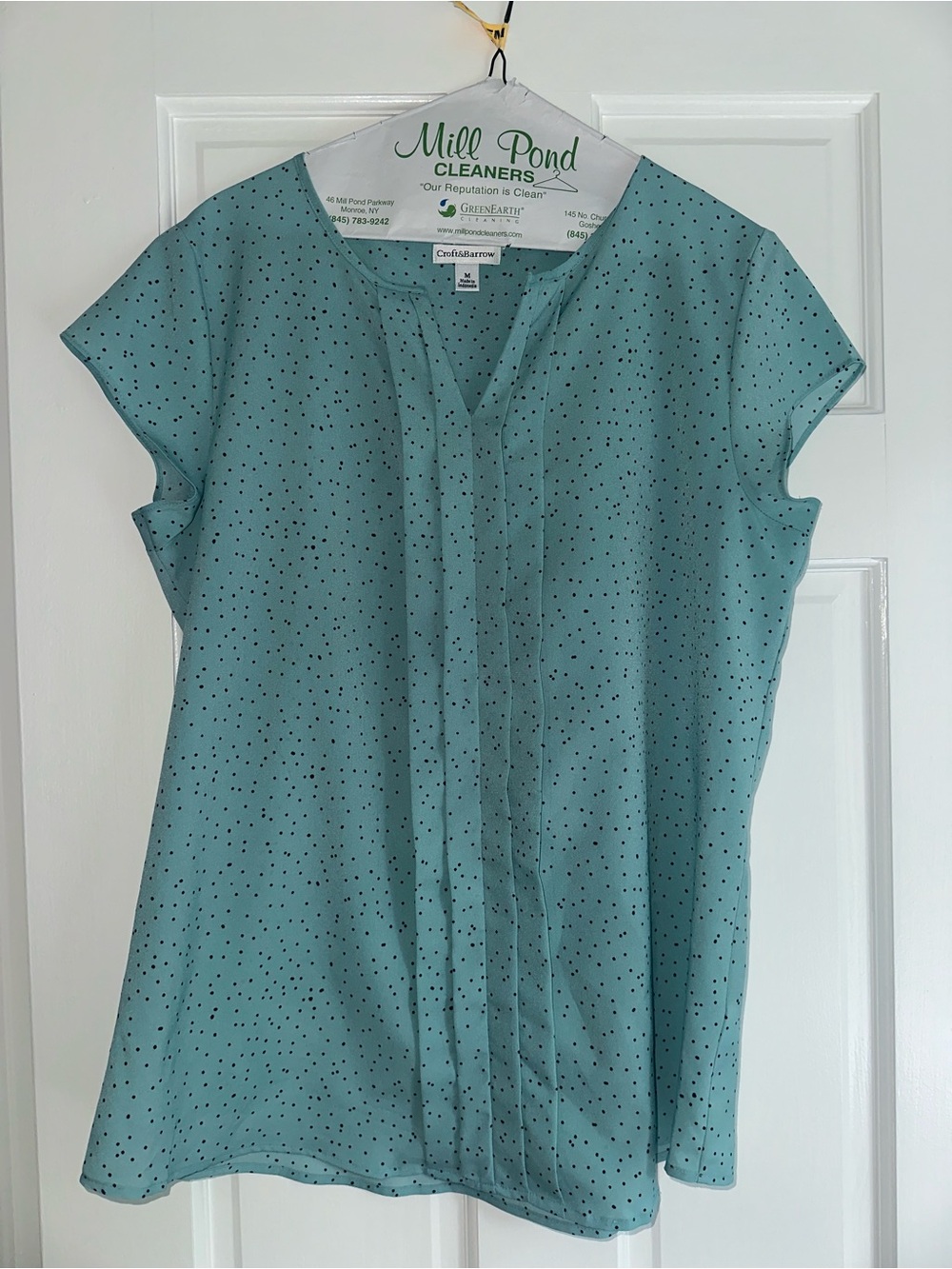 croft & barrow Teal Dot Cap-Sleeve Pleat Front Blouse